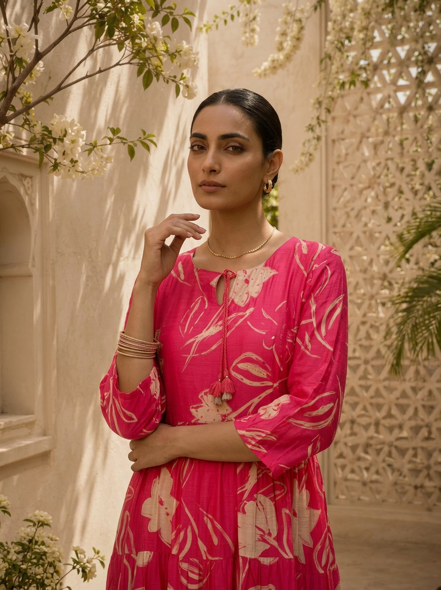 Magenta Floral Printed Muslin Long Dress