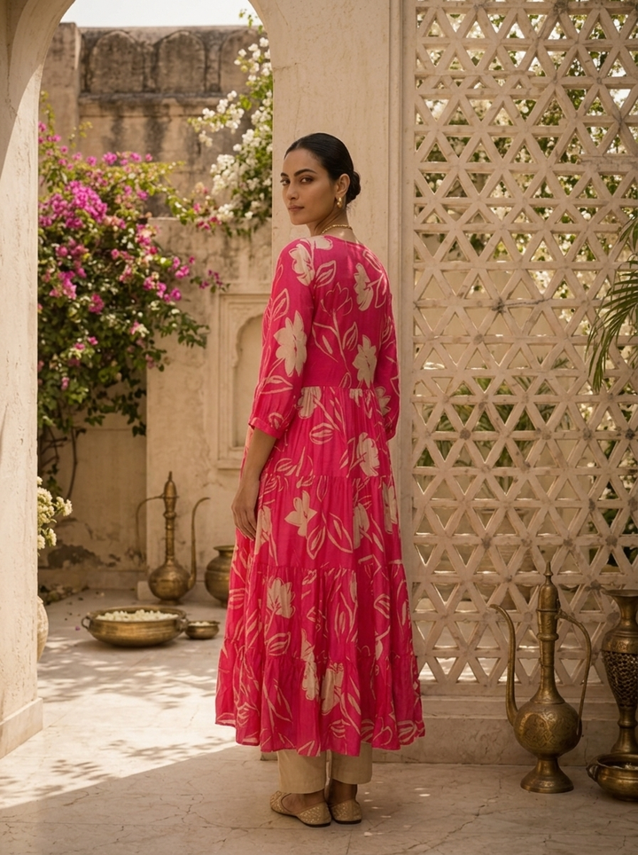 Magenta Floral Printed Muslin Long Dress