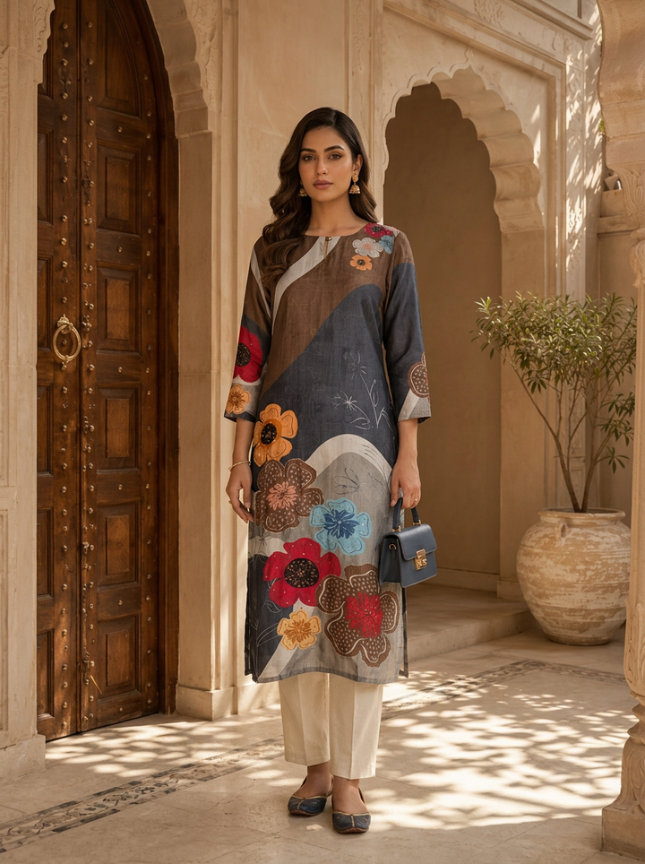 Grey Abstract Floral Print Ethnic Silk Kurta