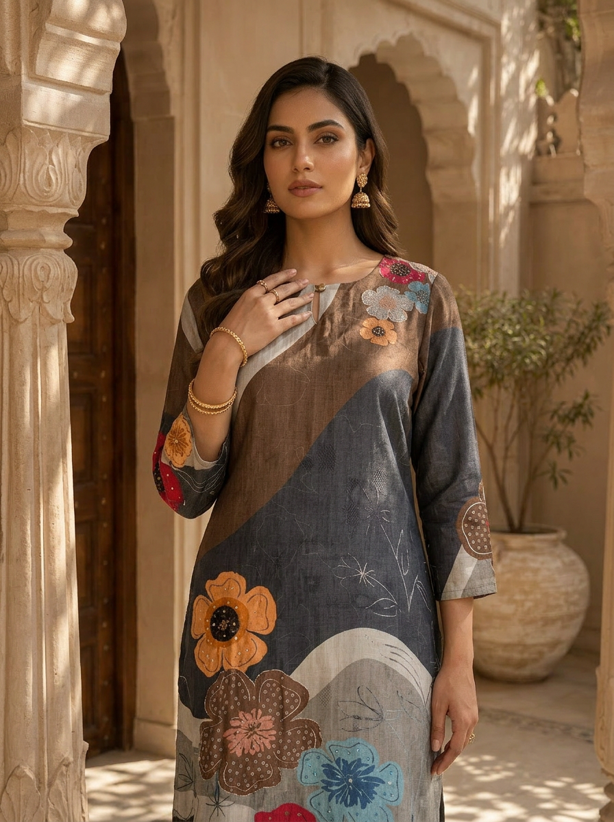 Grey Abstract Floral Print Ethnic Silk Kurta