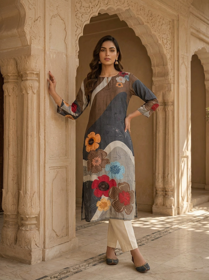 Grey Abstract Floral Print Ethnic Silk Kurta
