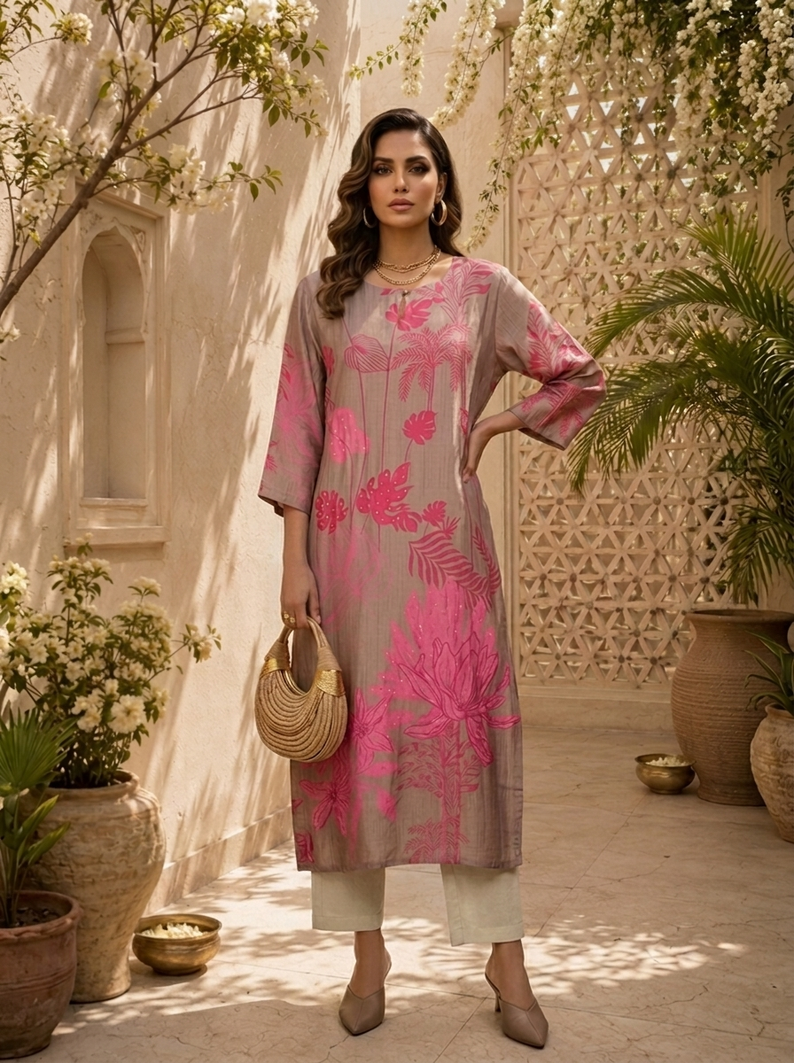 Beige And Pink Linen Floral Printed Kurta