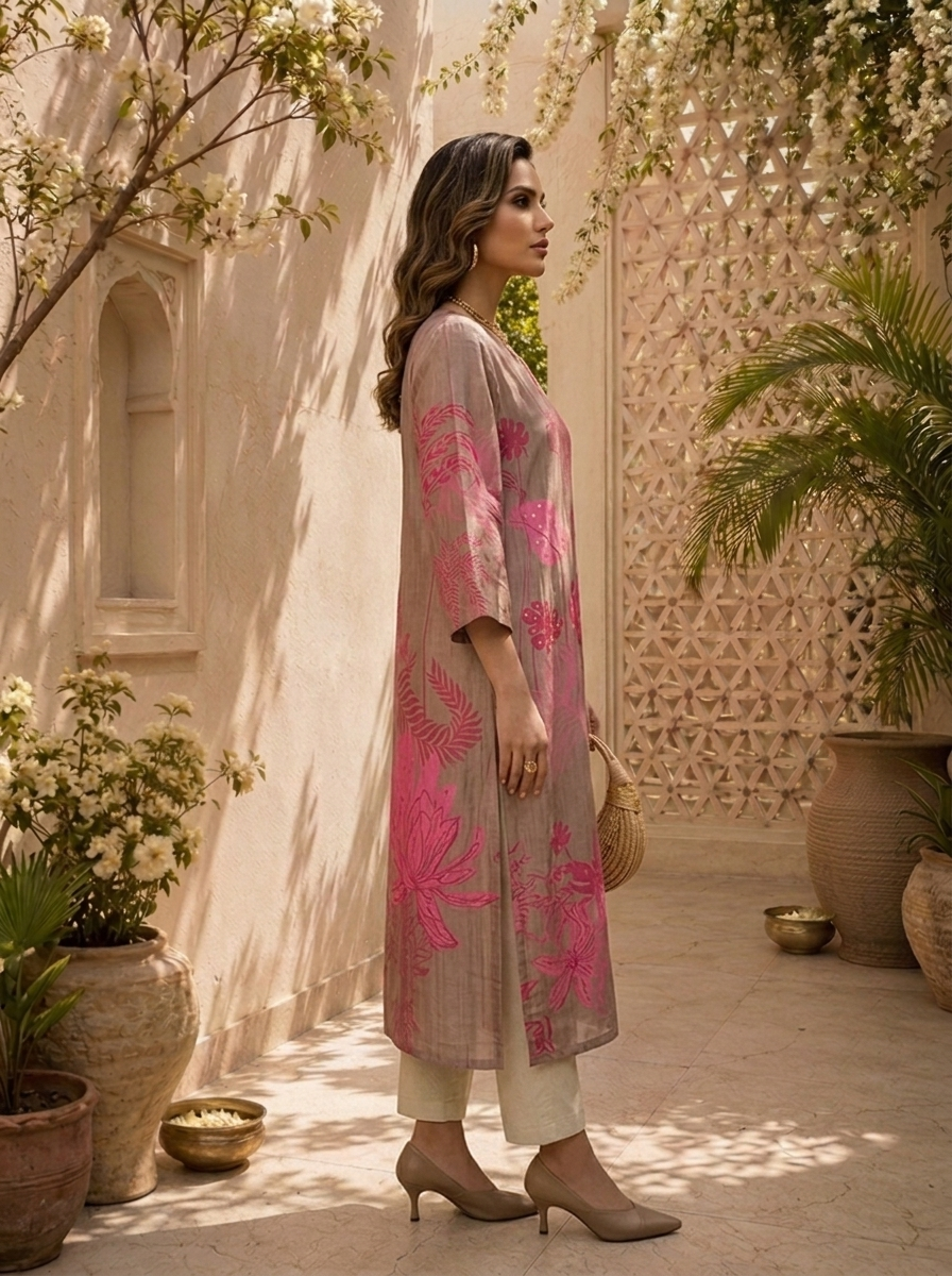 Beige And Pink Linen Floral Printed Kurta