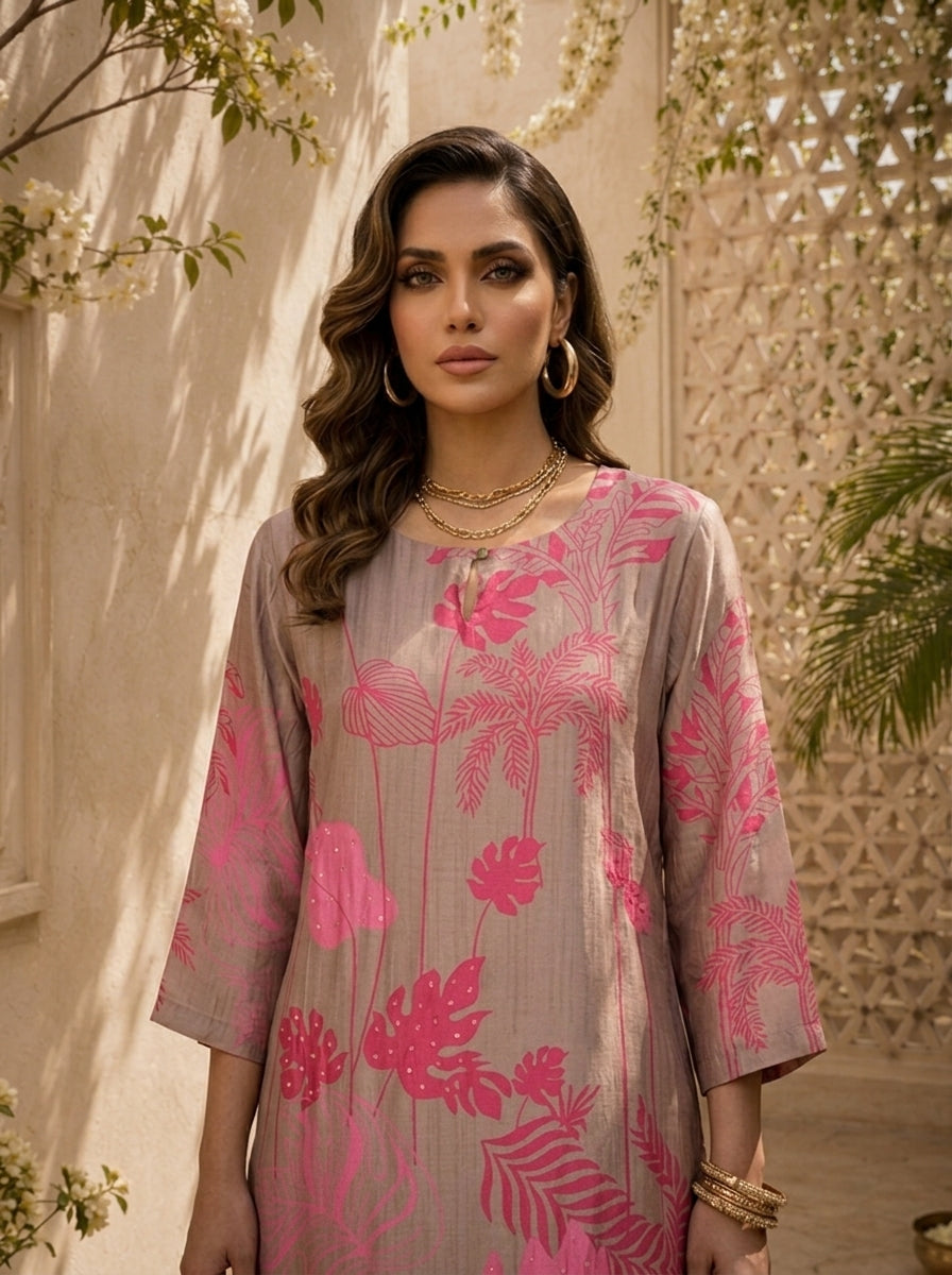Beige And Pink Linen Floral Printed Kurta