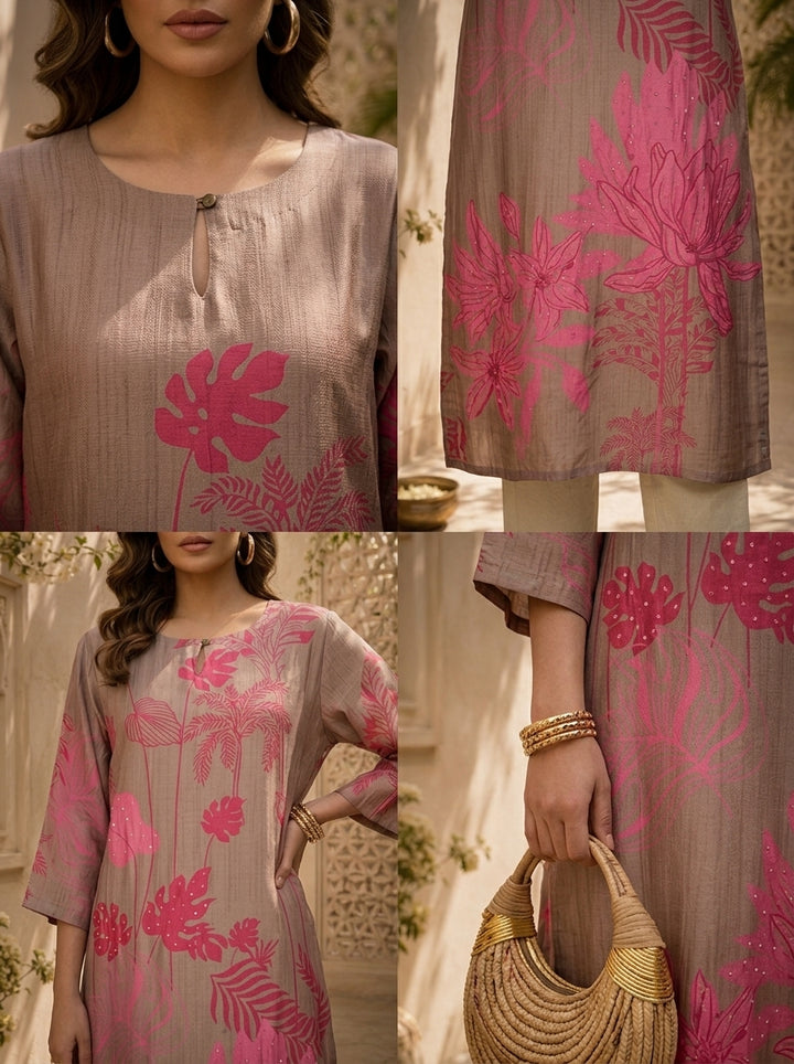 Beige And Pink Linen Floral Printed Kurta
