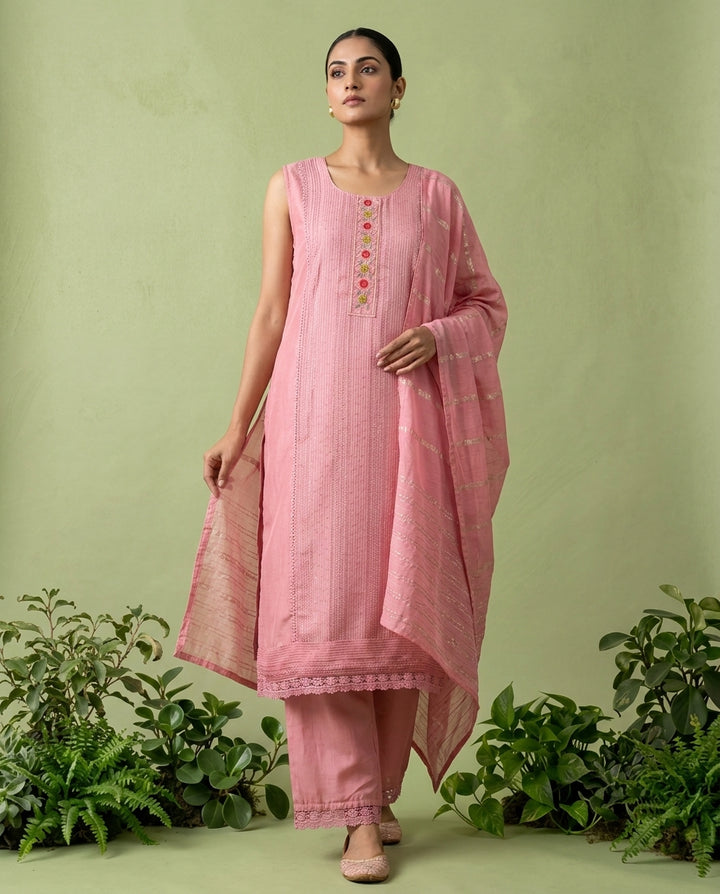 Onion Pink Floral Thread And Patch Embroidered Muslin Three Piece Set