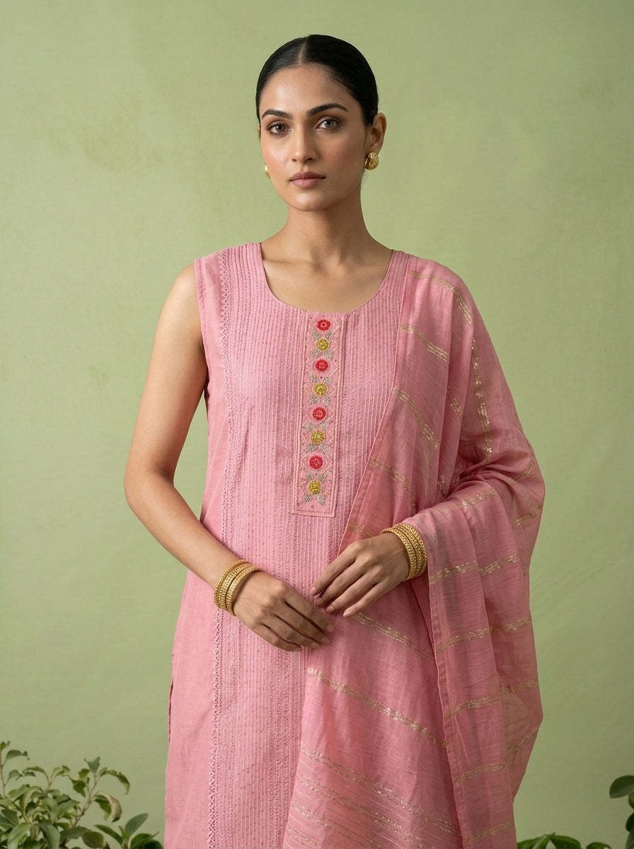 Onion Pink Floral Thread And Patch Embroidered Muslin Three Piece Set