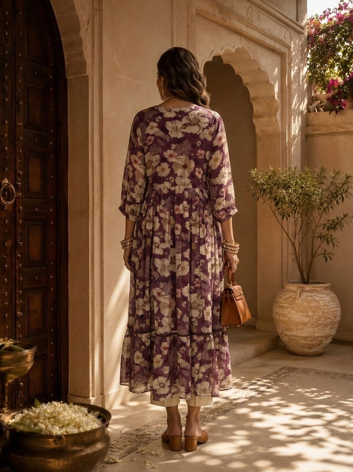 Wine Floral Printed Crepe Long Dress