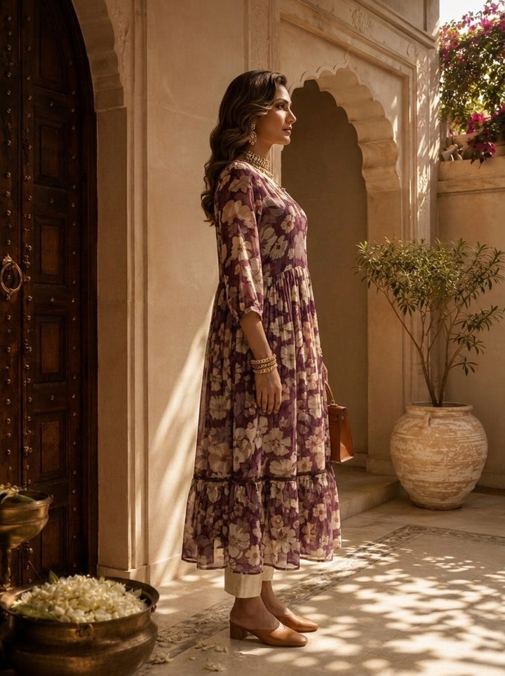 Wine Floral Printed Crepe Long Dress