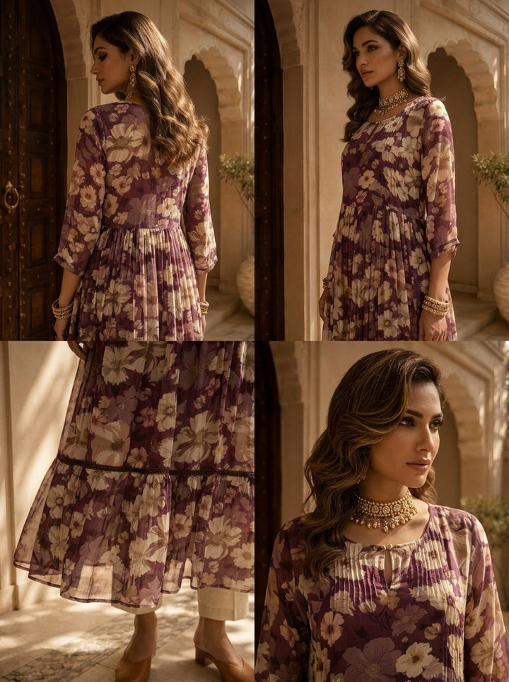 Wine Floral Printed Crepe Long Dress
