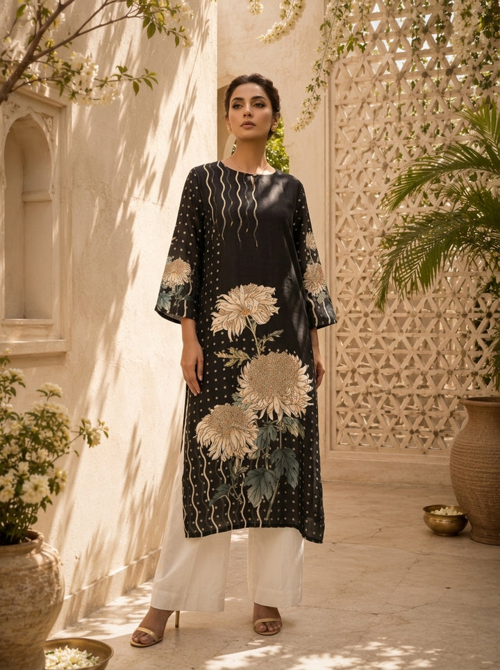 Black Silk Floral Printed Kurta