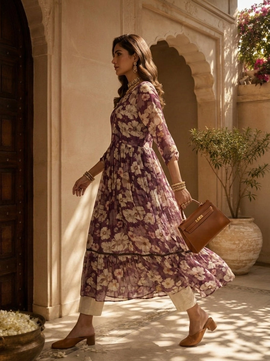 Wine Floral Printed Crepe Long Dress
