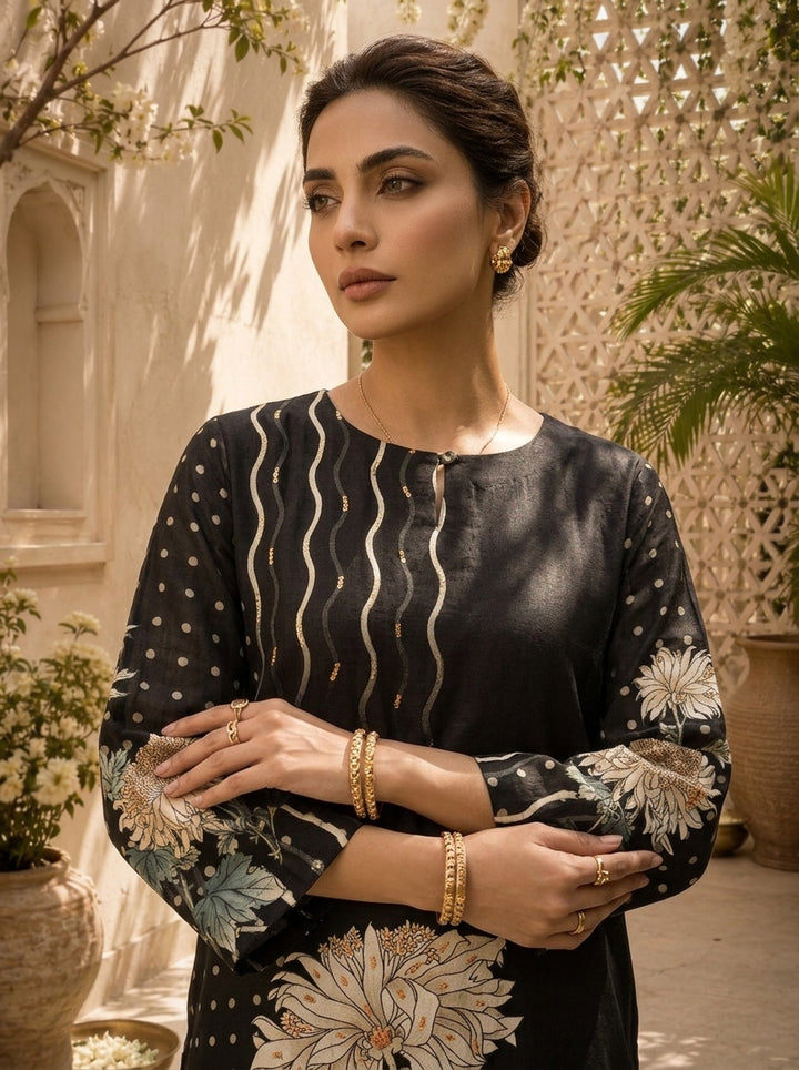 Black Silk Floral Printed Kurta