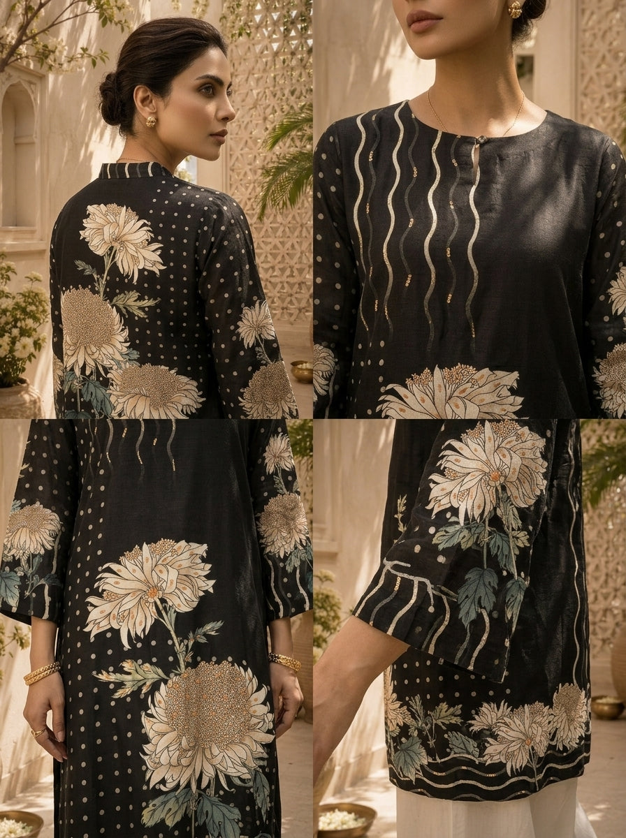 Black Silk Floral Printed Kurta