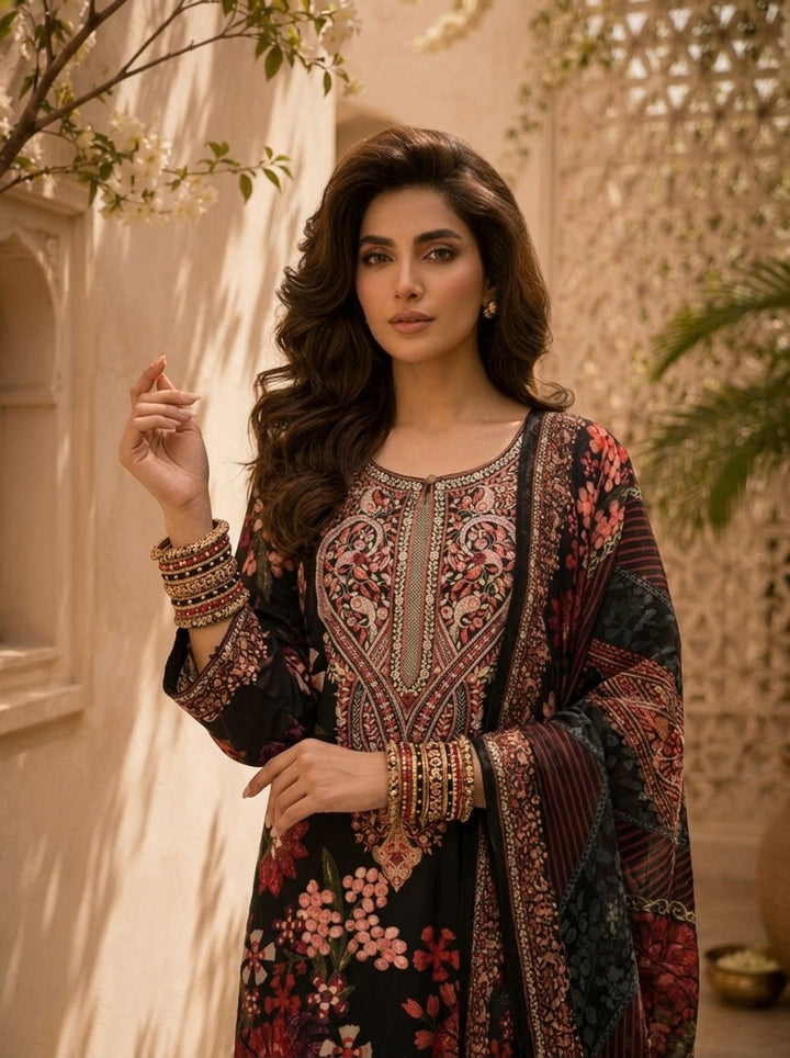 Black Floral And Paisley Printed Silk Three Piece Set