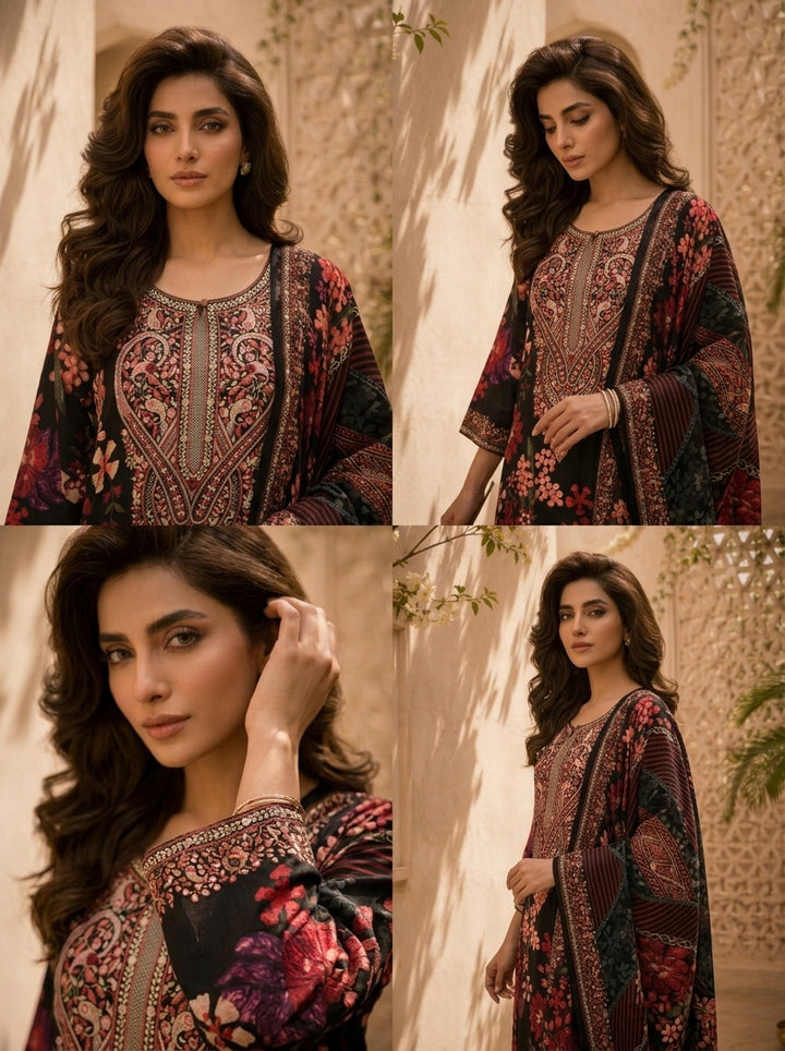 Black Floral And Paisley Printed Silk Three Piece Set