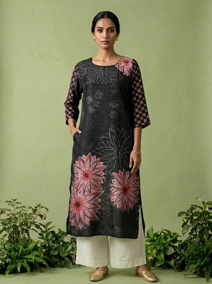 Black Modal Floral Printed Kurta