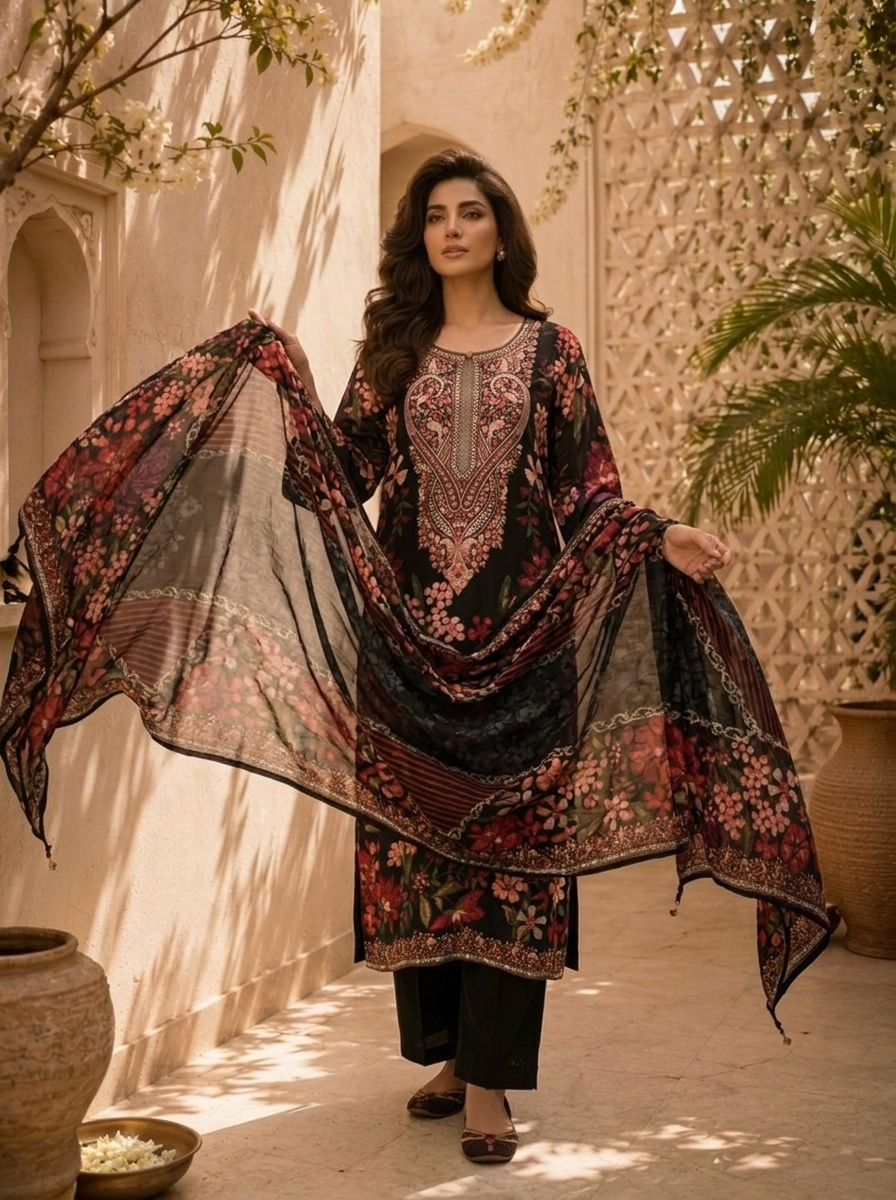 Black Floral And Paisley Printed Silk Three Piece Set