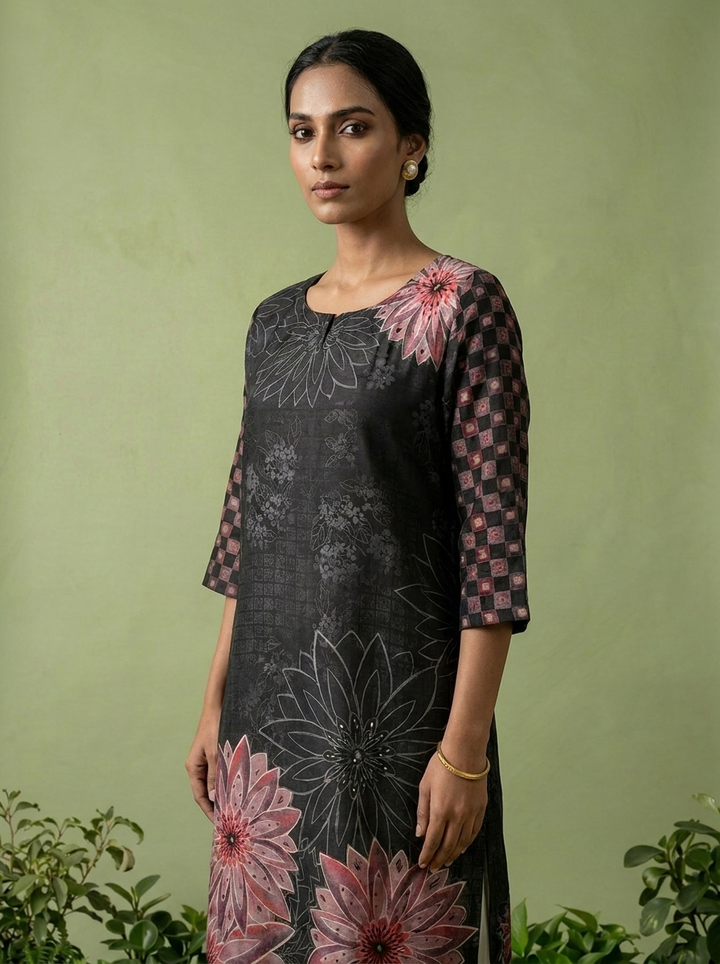 Black Modal Floral Printed Kurta