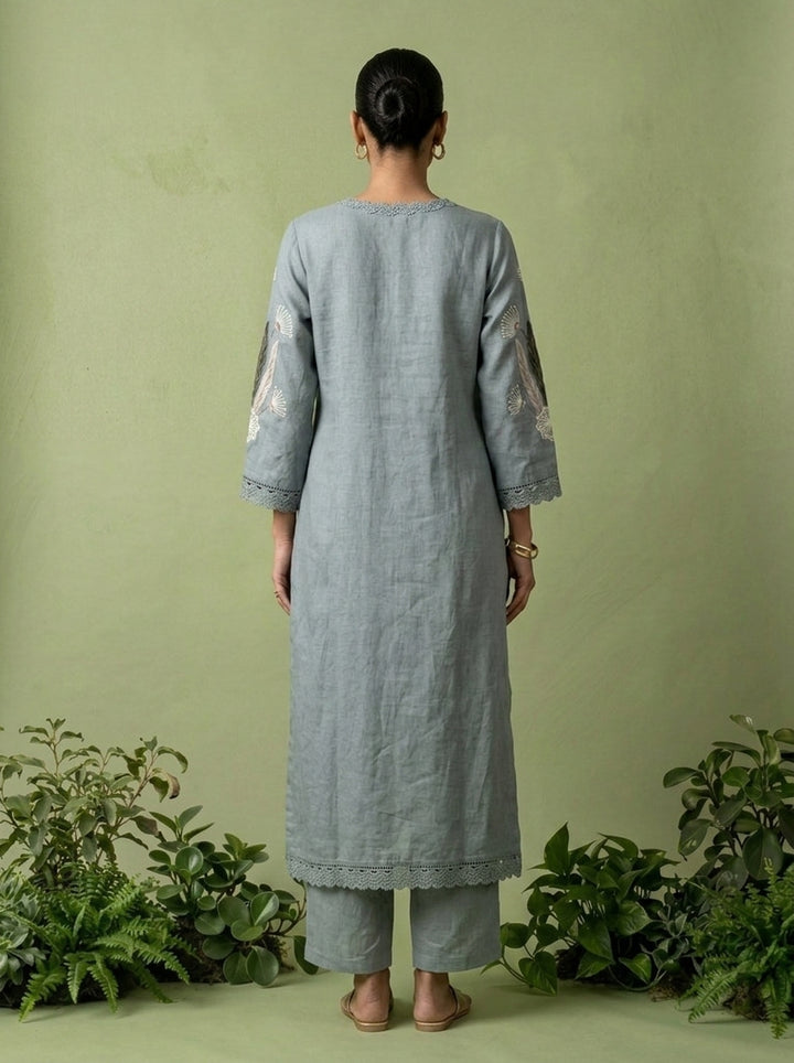 Mint Linen Floral Embroidery Two Piece Set