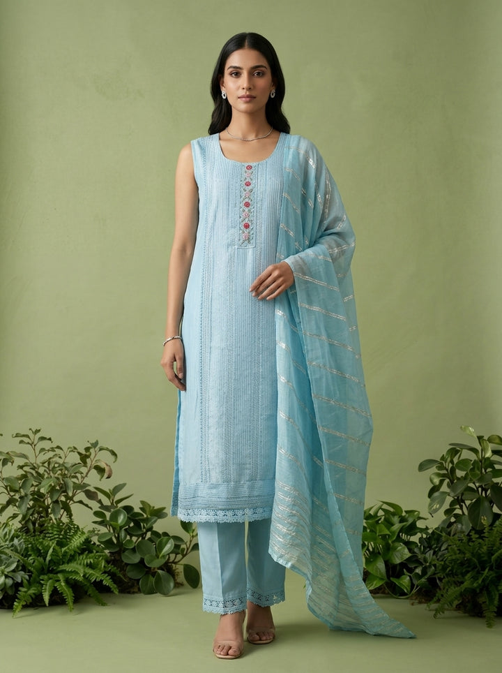 Ice Blue Floral Thread And Patch Embroidered Muslin Three Piece Set