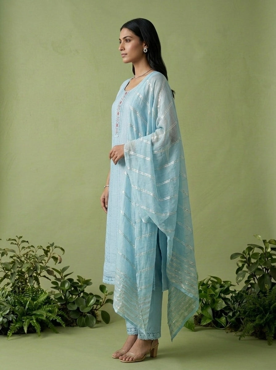 Ice Blue Floral Thread And Patch Embroidered Muslin Three Piece Set