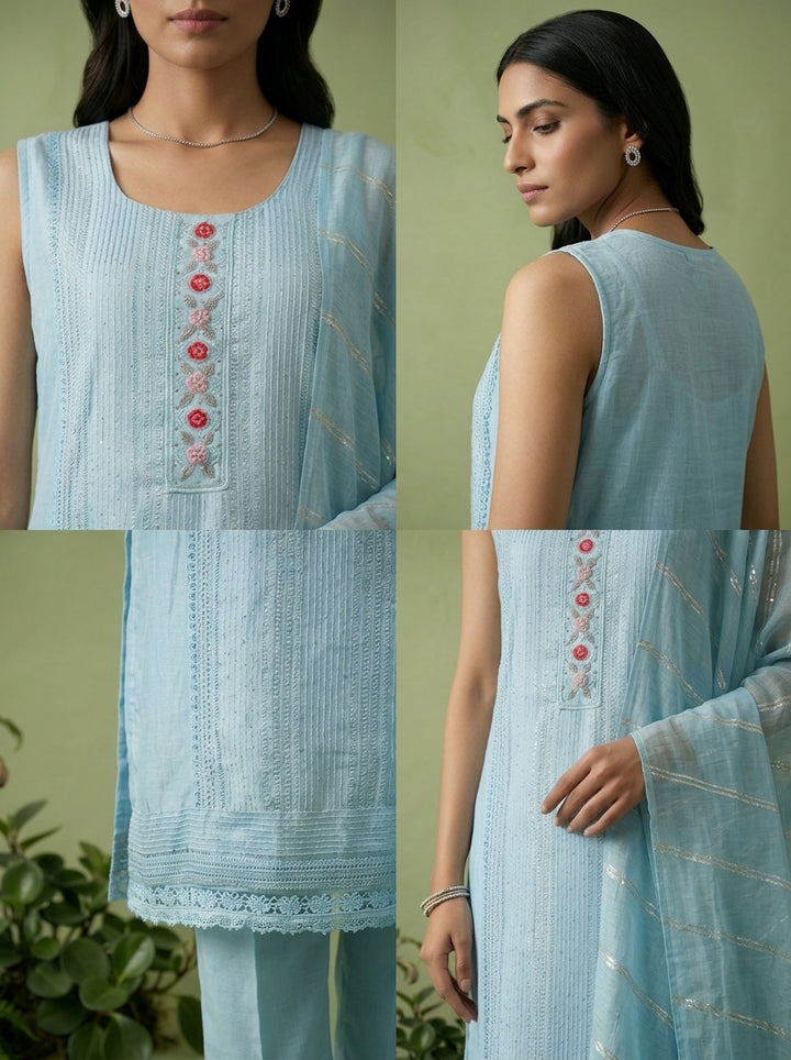 Ice Blue Floral Thread And Patch Embroidered Muslin Three Piece Set
