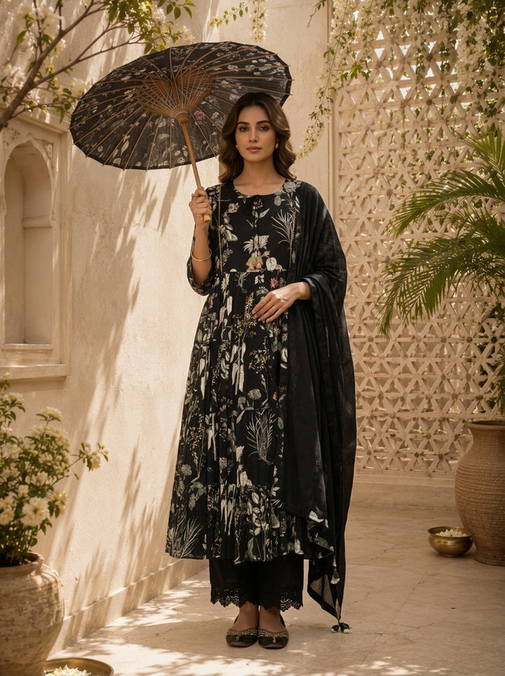 Black Cotton Heavy Floral Printed Three Piece Set