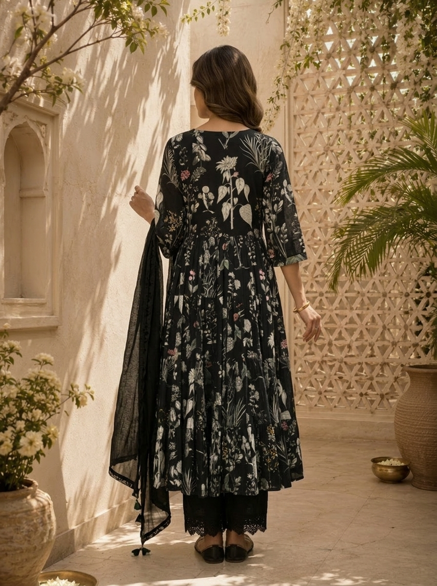 Black Cotton Heavy Floral Printed Three Piece Set
