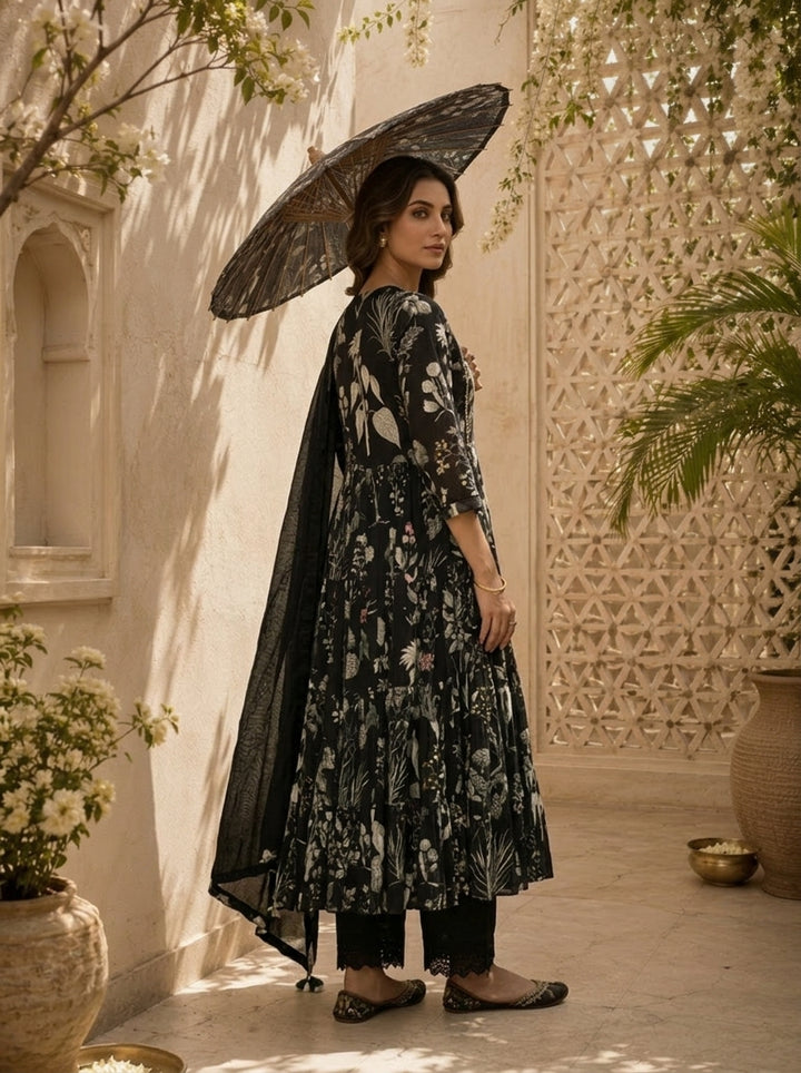 Black Cotton Heavy Floral Printed Three Piece Set