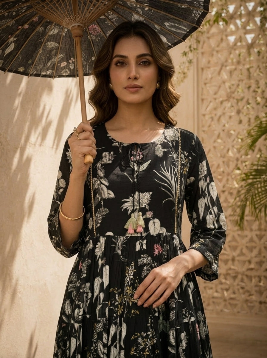 Black Cotton Heavy Floral Printed Three Piece Set