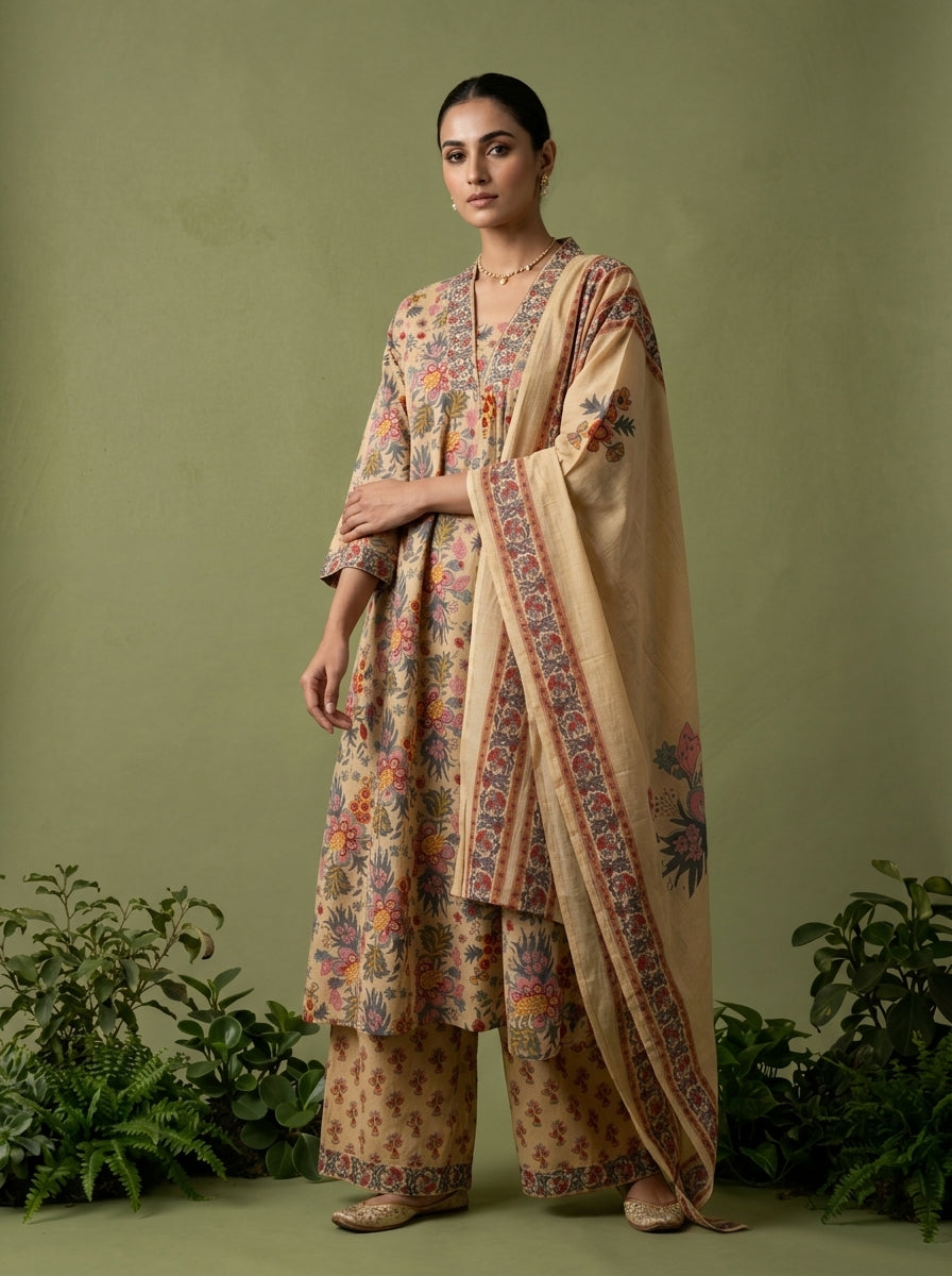 Beige Cotton Floral Printed Three Piece Set