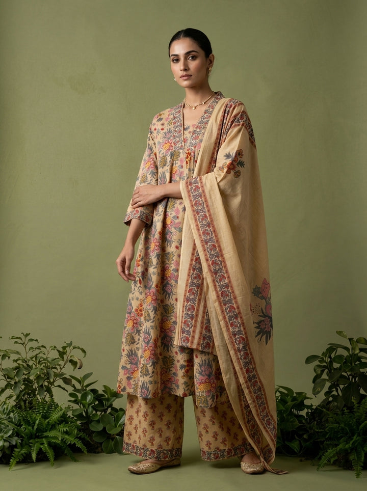 Beige Cotton Floral Printed Three Piece Set