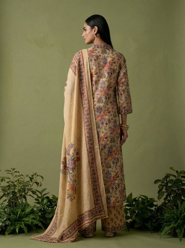 Beige Cotton Floral Printed Three Piece Set