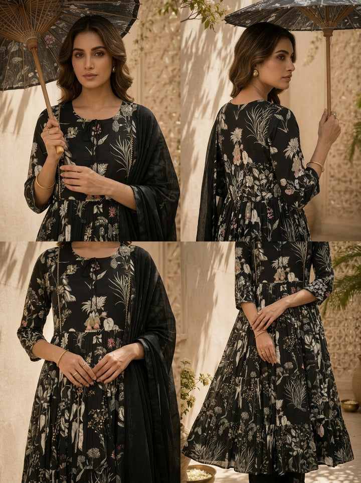 Black Cotton Heavy Floral Printed Three Piece Set