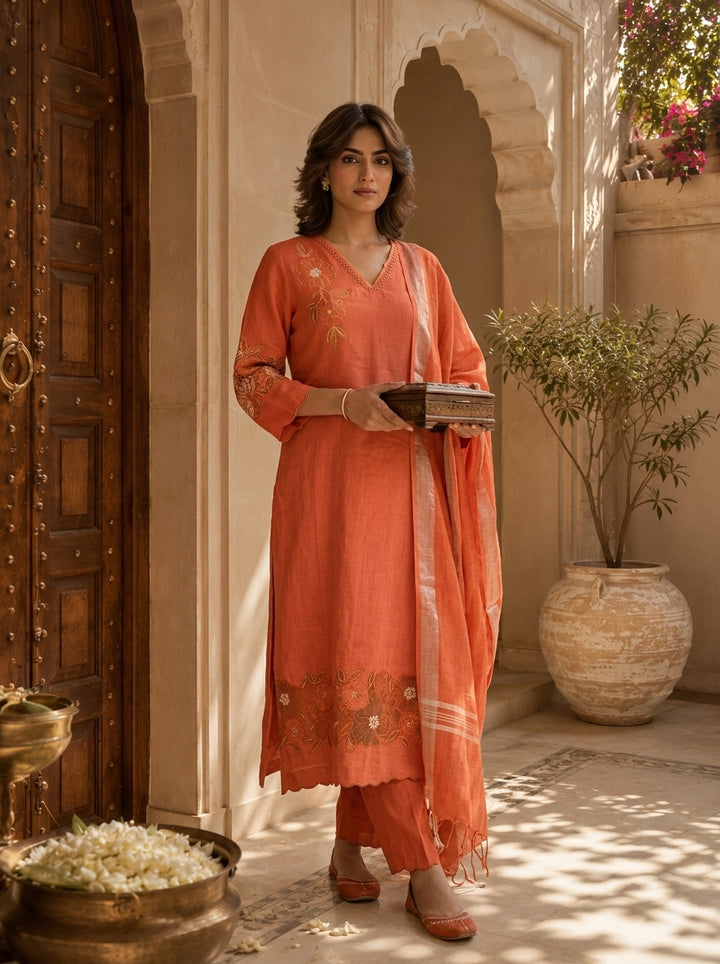 Orange Solid Design And Floral Thread Embroidery Linen Three Piece Set