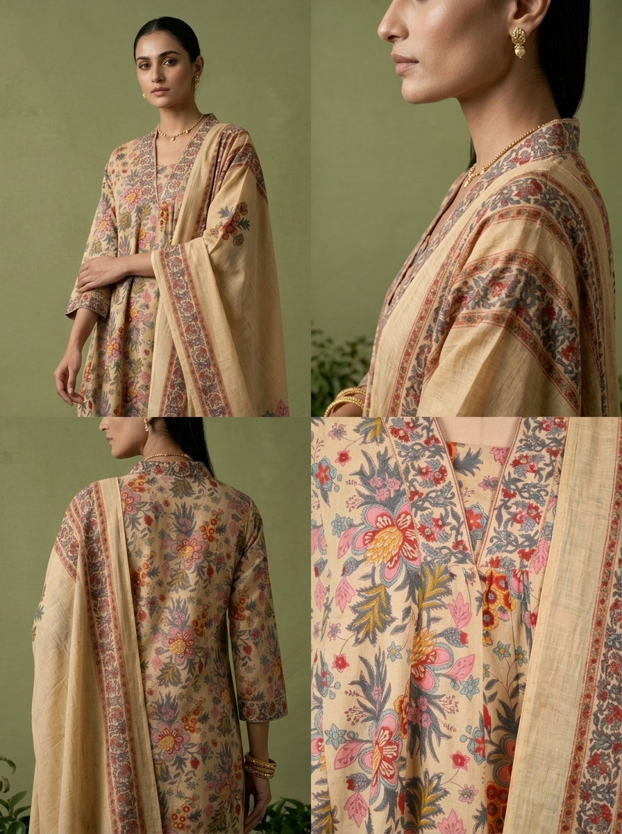 Beige Cotton Floral Printed Three Piece Set