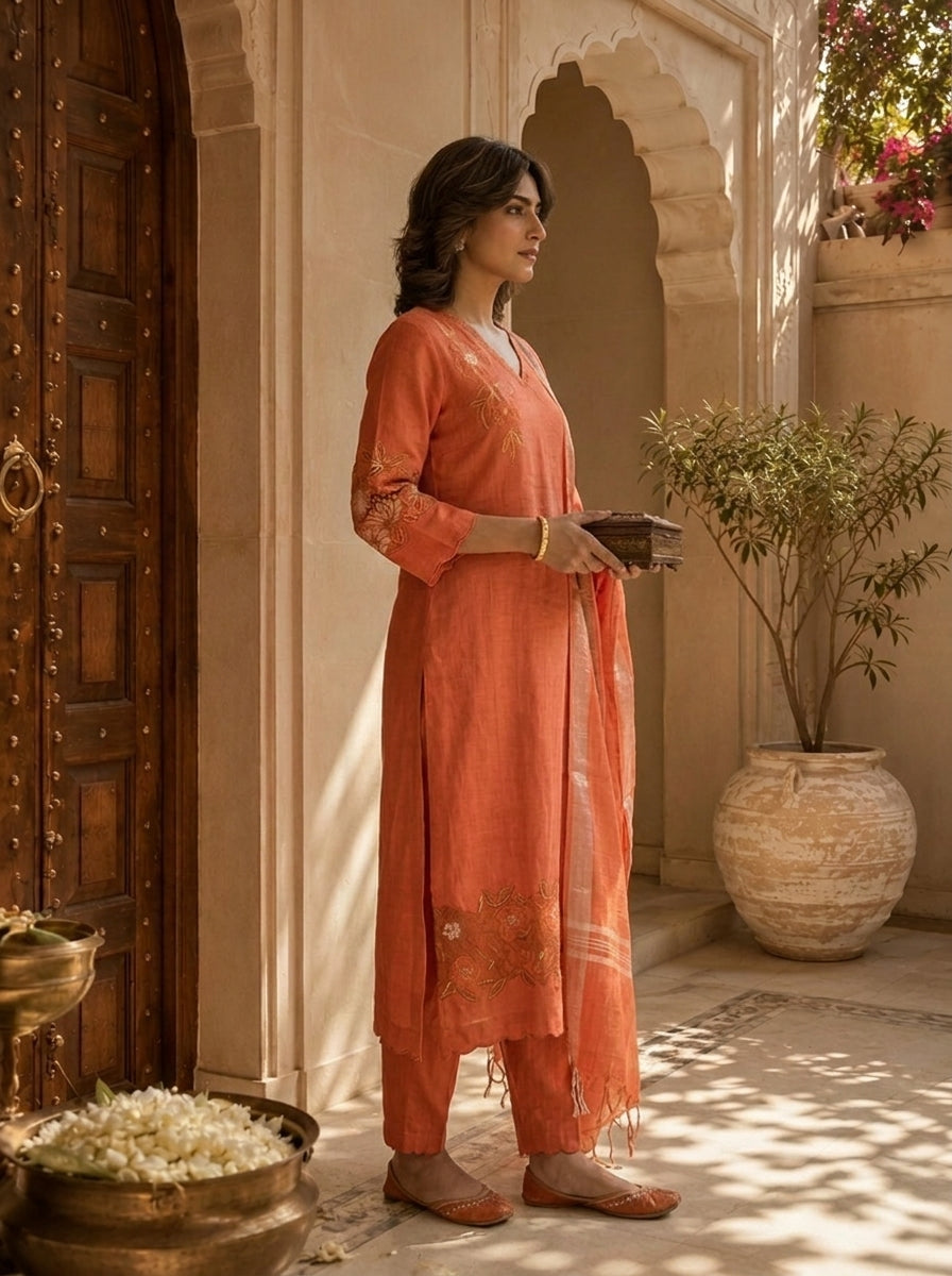 Orange Solid Design And Floral Thread Embroidery Linen Three Piece Set