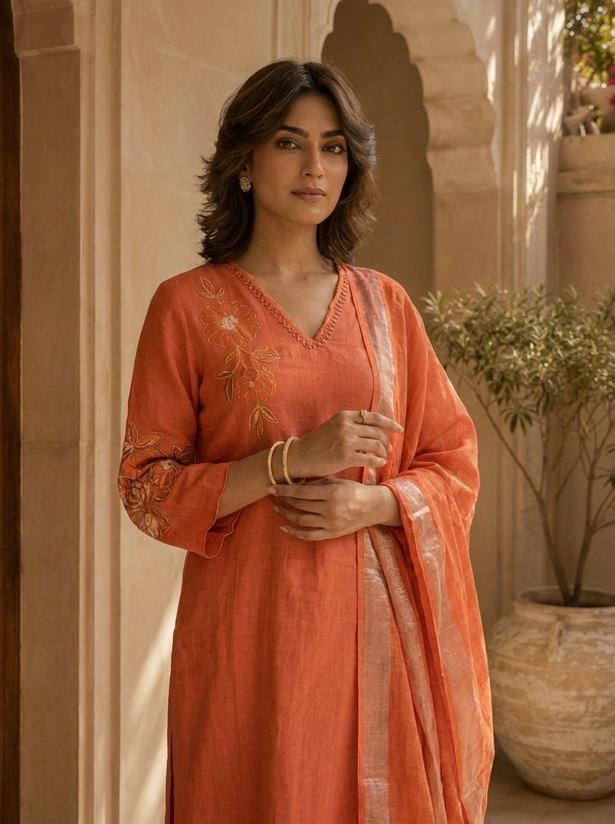 Orange Solid Design And Floral Thread Embroidery Linen Three Piece Set