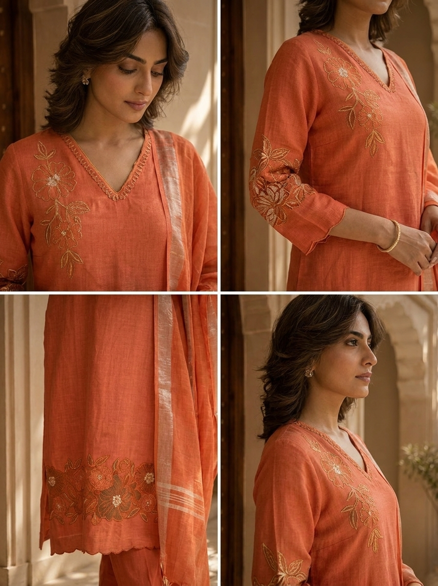 Orange Solid Design And Floral Thread Embroidery Linen Three Piece Set