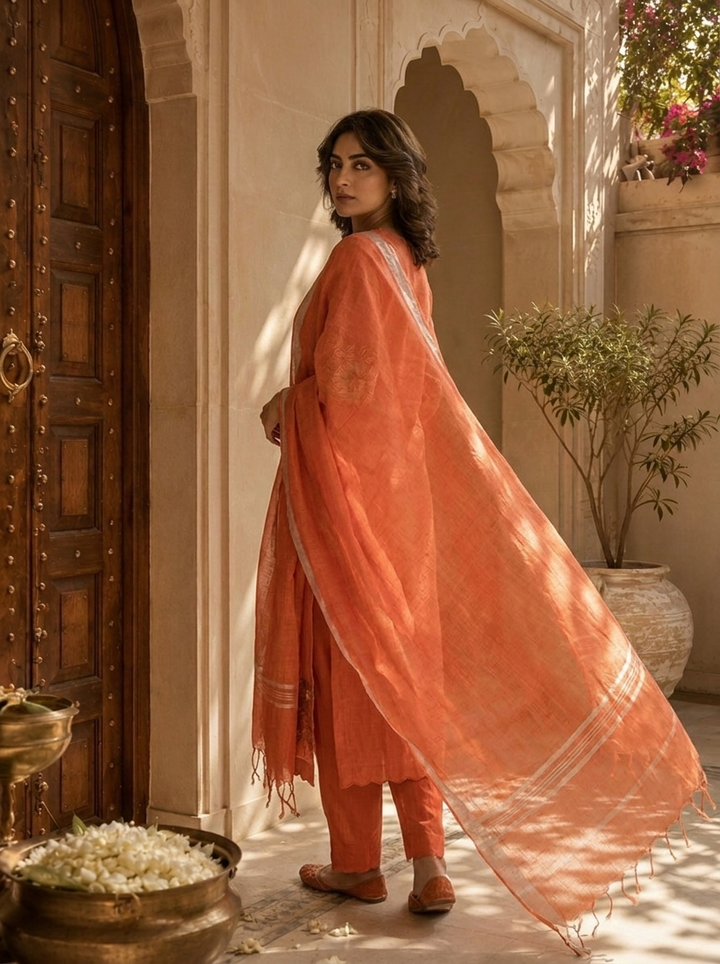 Orange Solid Design And Floral Thread Embroidery Linen Three Piece Set
