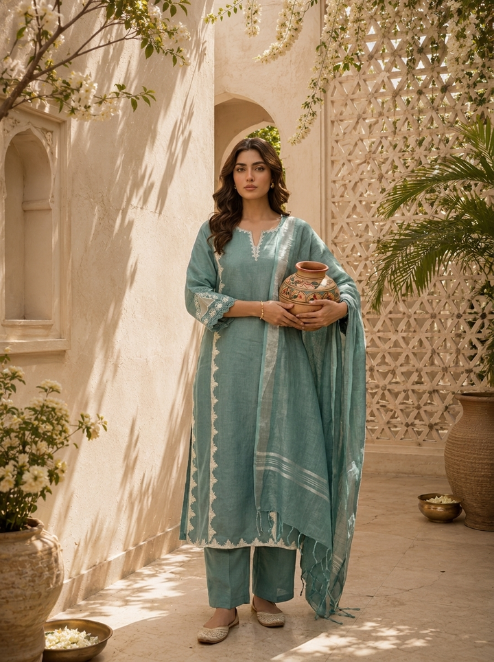 Aqua Solid Design And Thread Embroidery Linen Three Piece Set