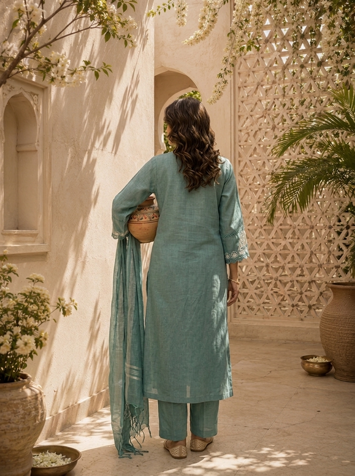 Aqua Solid Design And Thread Embroidery Linen Three Piece Set