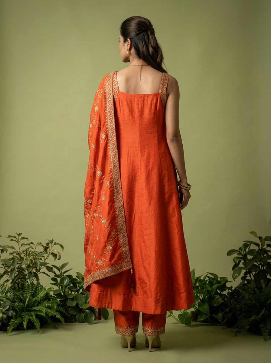 Orange Zari Paisley Design And Sequins Embroidery Silk Three Piece Set