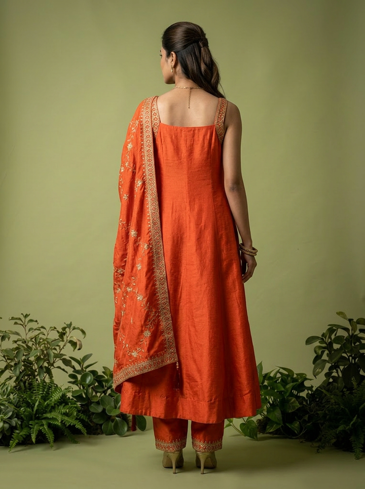 Orange Zari Paisley Design And Sequins Embroidery Silk Three Piece Set