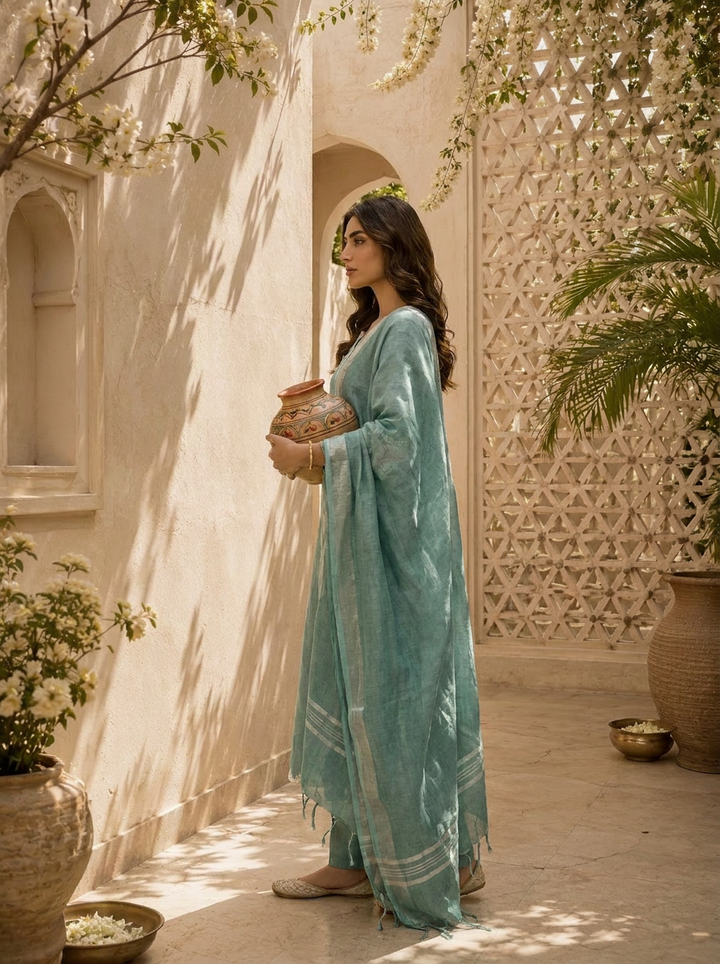 Aqua Solid Design And Thread Embroidery Linen Three Piece Set