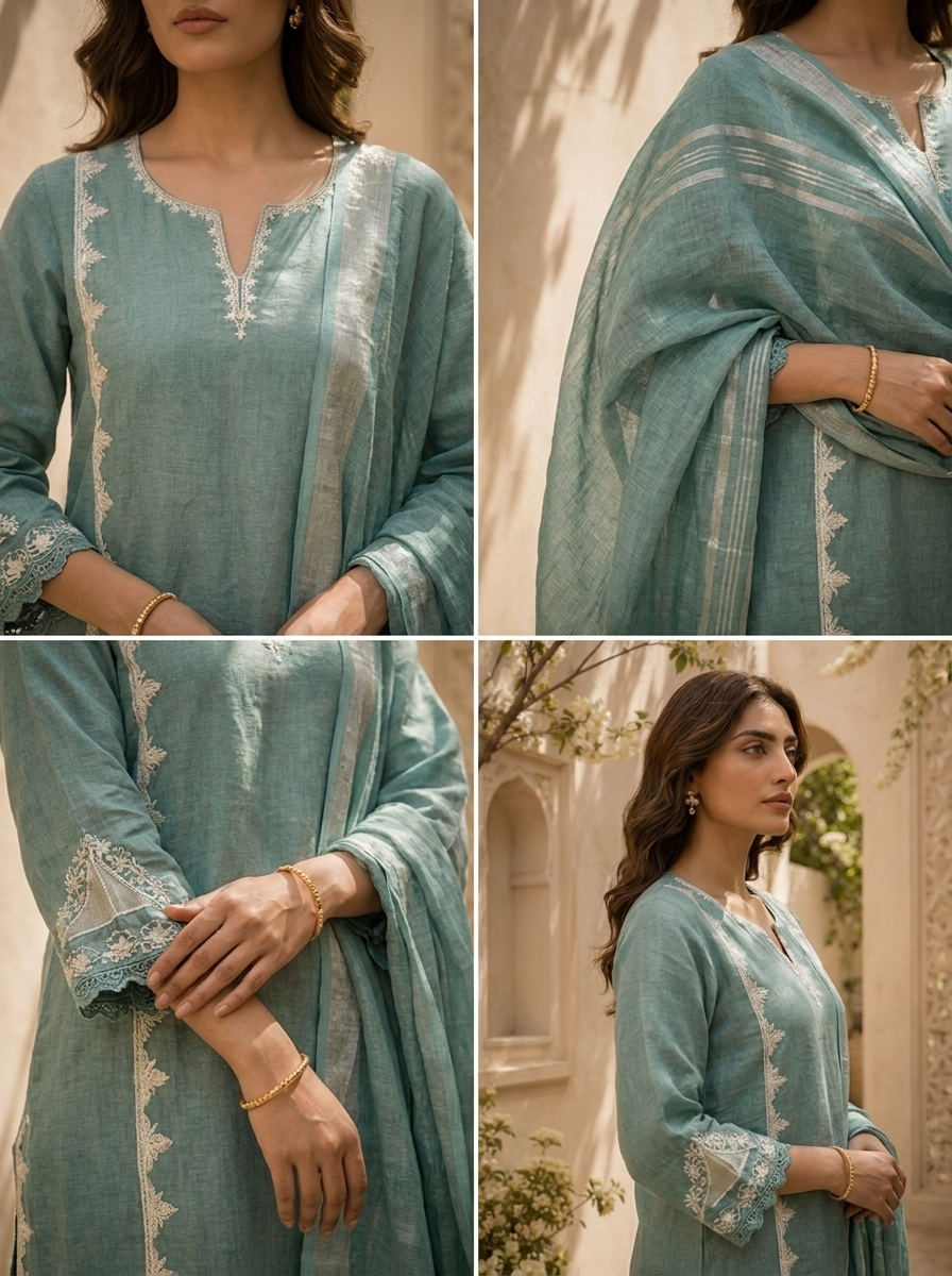 Aqua Solid Design And Thread Embroidery Linen Three Piece Set