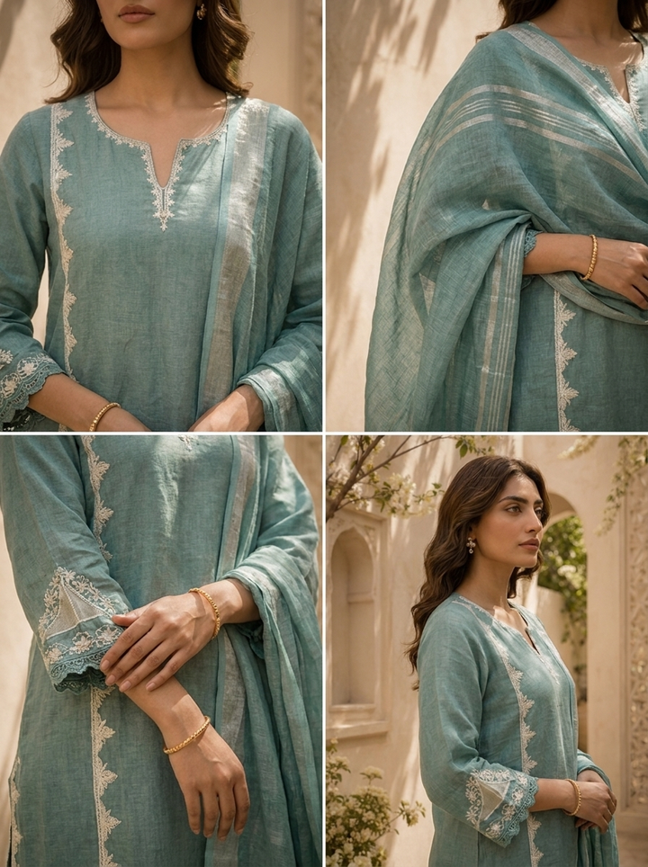 Aqua Solid Design And Thread Embroidery Linen Three Piece Set