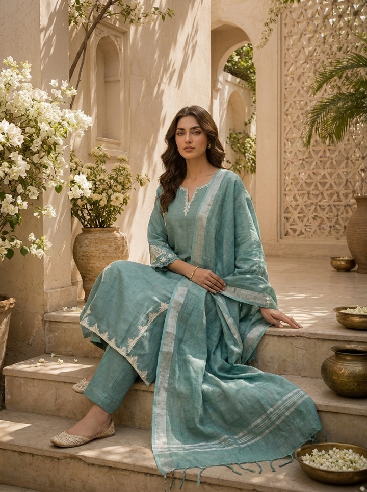 Aqua Solid Design And Thread Embroidery Linen Three Piece Set