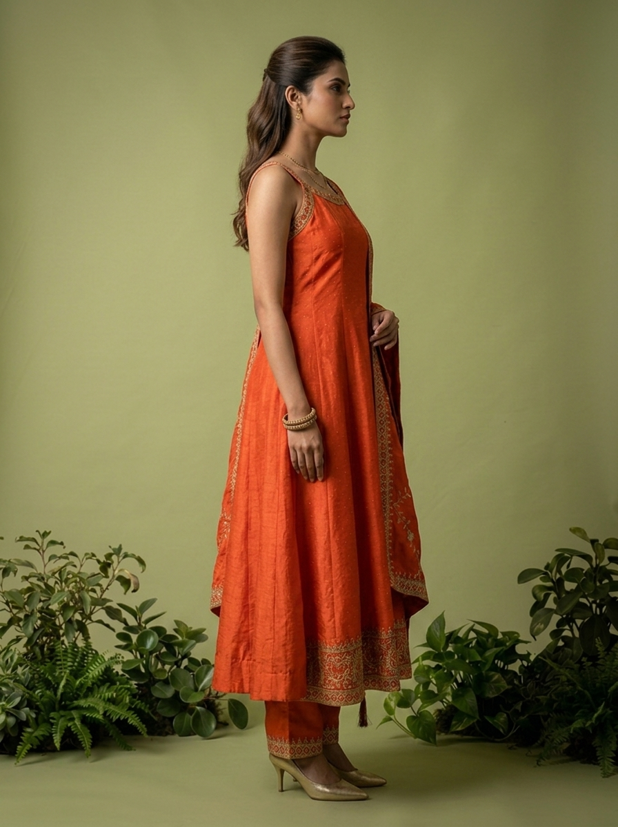 Orange Zari Paisley Design And Sequins Embroidery Silk Three Piece Set